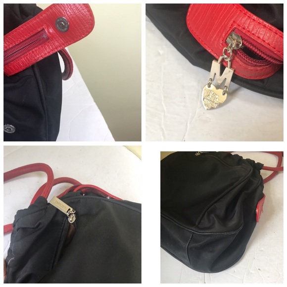 MOSCHINO Vintage 90s Nylon Leather Shoulder Bag Hobo Zipper Pocket Red Logo Tote - Picture 14 of 16